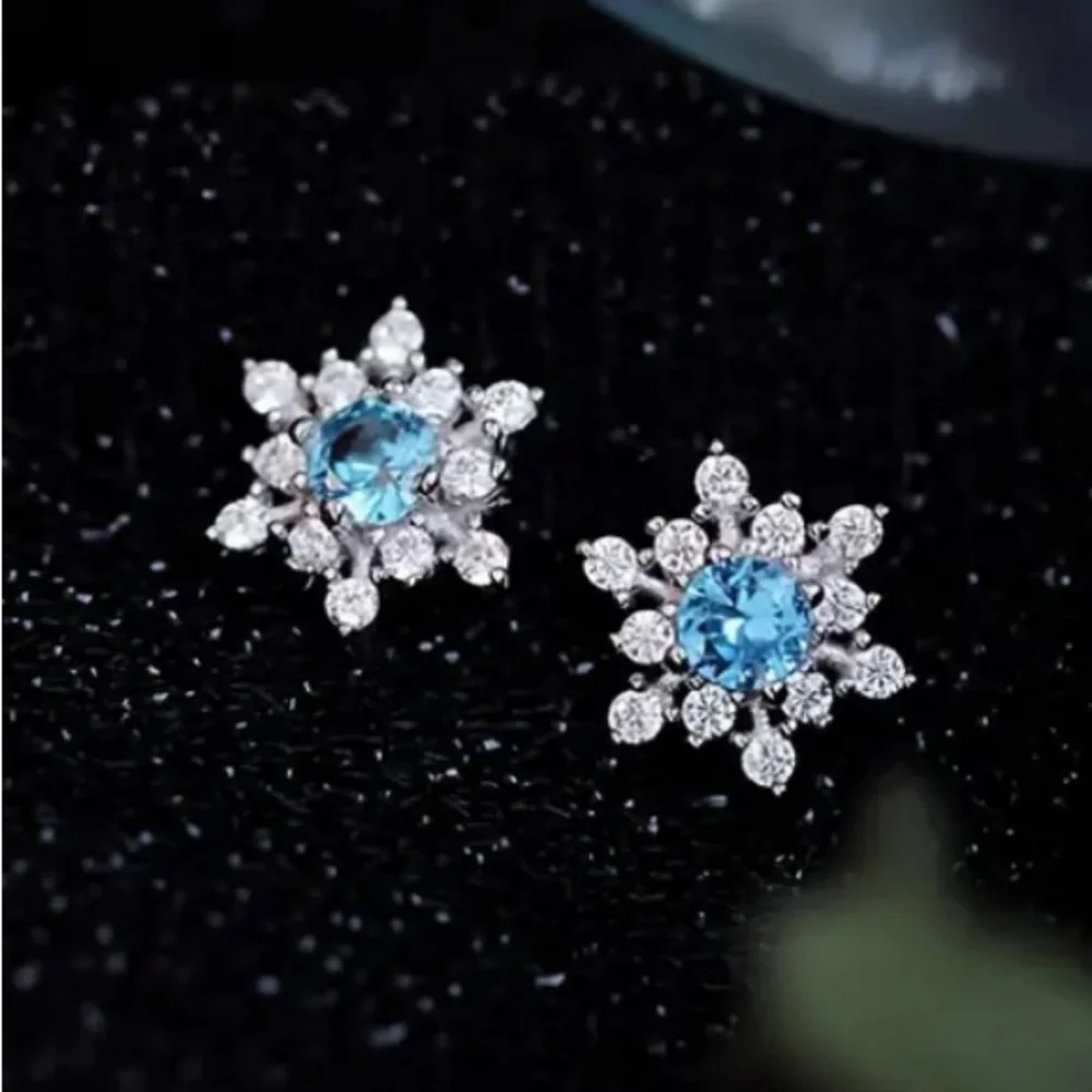 Diamond & Bright Blue Aquamarine Starburst Silver Toned Stud Earrings - Picture 3 of 7